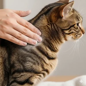 A hand gently massaging a dry flea powder into a cat's neck and back, showing the correct application method.