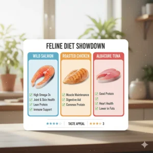 Infographic comparing the nutritional benefits of salmon cat food versus chicken or tuna flavor.