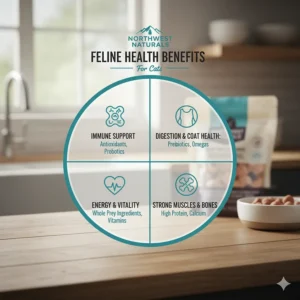 A diagram explaining the nutritional benefits of Northwest Naturals cat food for feline health.