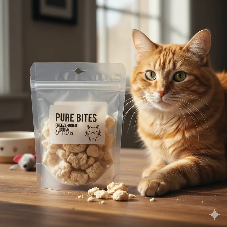 Cat freeze dried treats in a clear bag with a happy orange tabby cat sitting next to them.