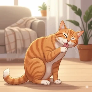 A cat grooming its paw, with a light dusting of flea powder visible on its fur, suggesting the easy integration of the treatment into a cat's routine.