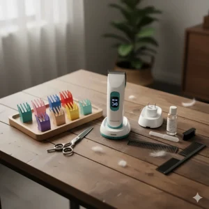 A complete cat grooming kit displayed on a table, including a pair of silent cat hair clippers, various clipper guards, a grooming comb, and scissors.