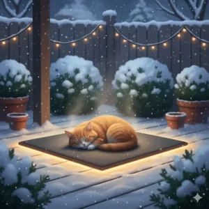 A snowy backyard scene with a heated pet pad providing a warm spot for an outdoor cat to rest comfortably despite the cold weather.