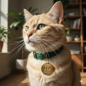 A close-up of a cute, fluffy cat wearing a shiny, customized cat identity tag on its collar, with a clear focus on the tag's details.