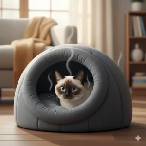 A cute Siamese cat peeking out of a covered, cave-style heated cat bed, highlighting the enclosed design for security and warmth.