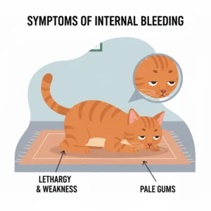 A graphic showing a cat with other symptoms like lethargy and pale gums, which can accompany internal bleeding and bloody vomit.