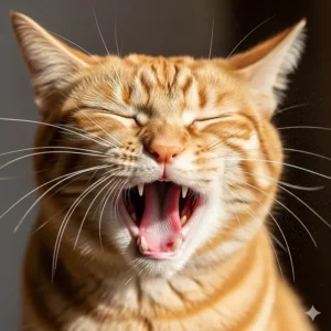 A close-up shot of an orange tabby cat with its eyes closed, in the middle of a powerful sneeze, showing the expression of a cat sneezing.