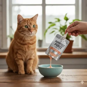 Illustration highlighting a bowl of water next to a high-moisture lickable cat treat, emphasizing the hydration benefits of this treat type.