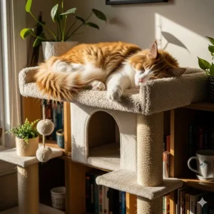 A fluffy cat comfortably napping on a plush, high-up platform of a bookshelf cat tower.