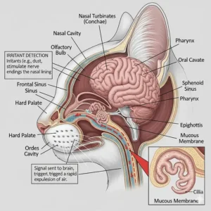 A detailed diagram showing the nasal passages and upper respiratory system of a cat's head, explaining the anatomy behind a cat's sneeze.