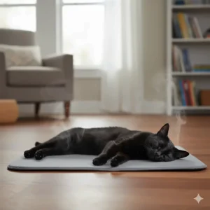 A short-haired black cat lounging on a flat, mat-style heated pet bed, illustrating its use as a simple warming pad for cats.