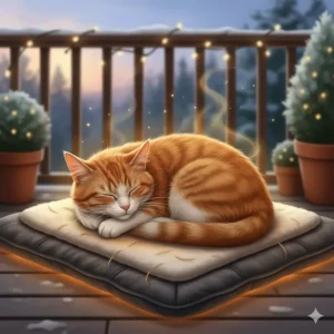 A close-up of a content cat curled up on a durable, waterproof outdoor heating pad, highlighting the pad's cozy surface.