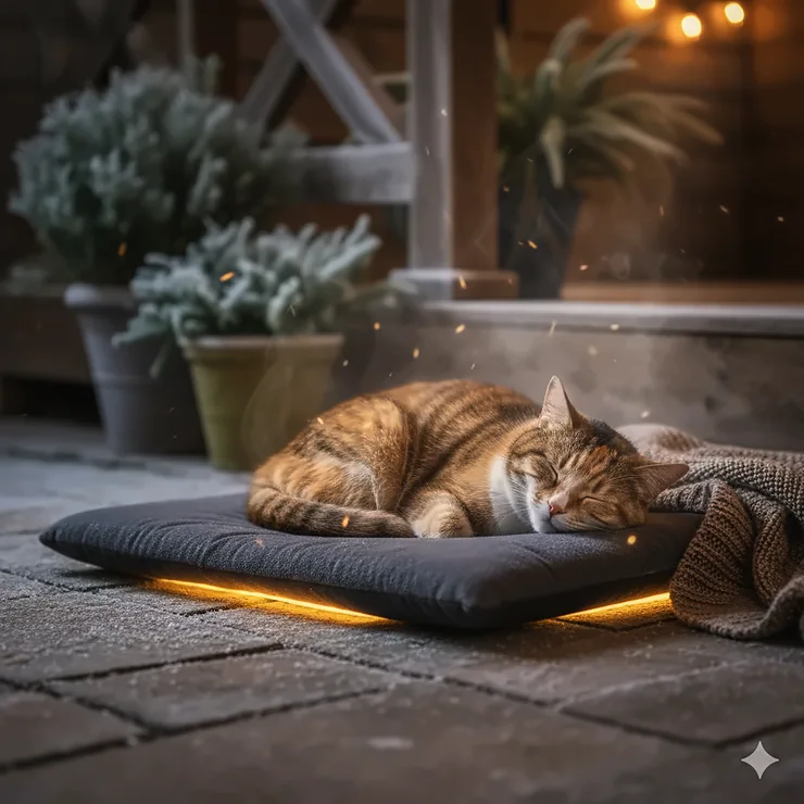 A cozy cat is sleeping soundly on an outdoor heated pad on a chilly patio, staying warm and comfortable.