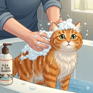 An illustration of a person's hands gently massaging flea and tick shampoo into a cat's coat to create a rich lather.