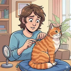 A cartoon drawing of a concerned pet owner carefully parting a cat’s fur with their fingers, looking for signs of fleas and ticks.