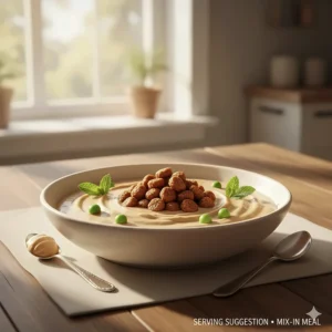 A serving of cat pate garnished with a few kibbles for an appealing mix-in meal.