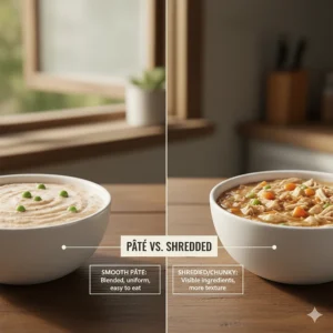 Side-by-side comparison of smooth, uniform cat pate next to a shredded or chunky wet cat food texture.
