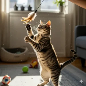 A playful cat enjoying playtime indoors, protected by a natural flea collar and free from fleas.