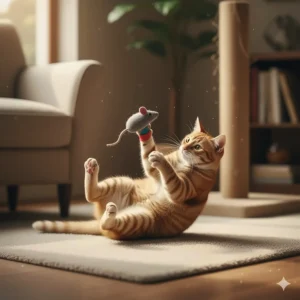 A happy cat safely playing with a toy mouse, its claw coverings preventing snags or scratches.