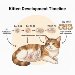 An infographic illustrating the timeline of kitten development inside the womb during a cat's pregnancy.