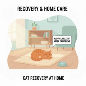 A content cat resting comfortably at home, showing the recovery process after being treated for the underlying cause of throwing up blood.