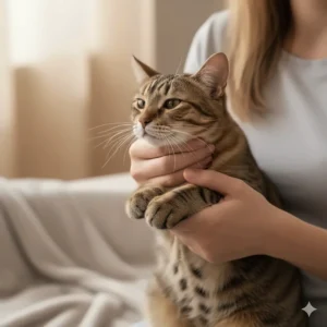 A gentle yet secure method for restraining a cat to safely apply ear drops.