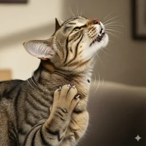 An illustration of a cat aggressively scratching at its neck, depicting the irritation caused by a flea bite.