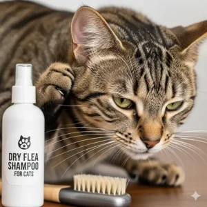An image of a cat intensely scratching its ear, showing a common sign of a flea infestation that requires a dry flea shampoo for cats solution.