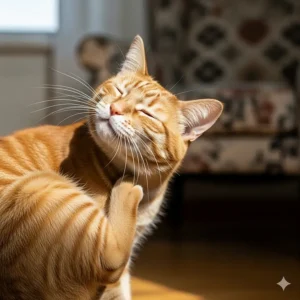 An image of a cat intensely scratching its neck with its hind leg, a common sign of a flea infestation.