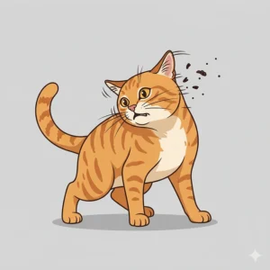 An illustration of a cat shaking its head vigorously, a common symptom of ear mites.