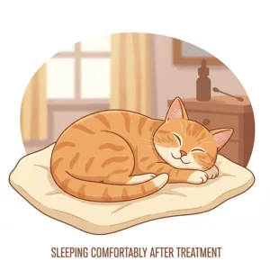 A happy cat sleeping peacefully after receiving treatment for ear mites, showing relief from discomfort.
