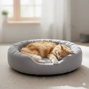 Close-up of a content cat curled up in a new memory foam bed, highlighting the bed's luxurious feel and deep, comforting depression.