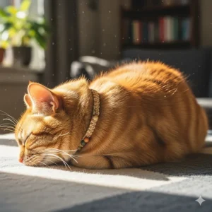 A cat sleeping soundly and peacefully while wearing a natural flea collar for continuous flea protection.