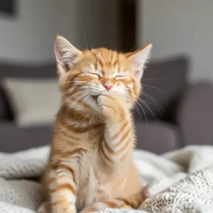 An adorable kitten sneezes, covering its face with its paw, illustrating a common symptom of upper respiratory infections in cats.