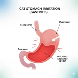 A diagram of a cat's stomach and digestive system with inflamed lining, representing common causes of blood in vomit like gastritis.