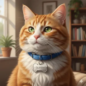 A cat with a collar, highlighting a securely attached cat identity tag that hangs properly without causing the cat any discomfort.