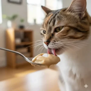 A clever way to give medication: a small pill hidden inside a dollop of a cat lick treat on a spoon.