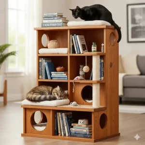 A multi-level cat tower designed to look like a bookshelf, with dedicated shelves for books and cat accessories.