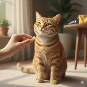 Owner giving a reward during training with a small, high-value cat freeze-dried treat.