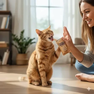 An illustration of a cat performing a simple trick (like a high-five) and being instantly rewarded with a quick squeeze of a lickable cat treat.