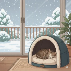A content tabby cat is napping on an enclosed patio, enjoying the warmth of a weatherproof heated cat bed, with snow visible outside the window.