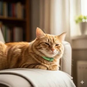 A happy cat relaxing at home, comfortably wearing a non-toxic, safe flea collar.