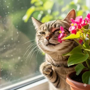 A visual representation of a cat sniffing a flowering plant, highlighting the potential for cat allergies leading to sneezing.