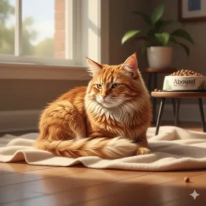 An illustration of a cat with a shiny, healthy coat, suggesting the benefits of a balanced diet from Abound cat food.