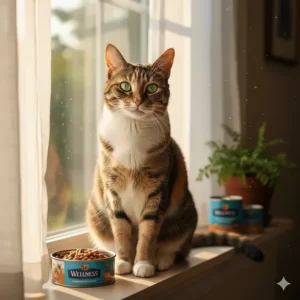 A healthy, happy cat with a shiny coat, which is a key benefit of a diet of Wellness brand canned cat food.