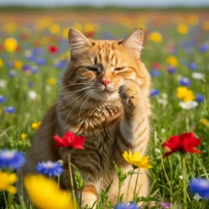 A cat sitting in a field of flowers, indicating a possible pollen allergy that may cause sneezing and eye irritation.