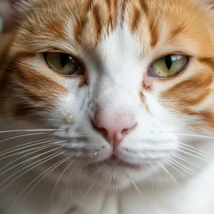 A cat with a wet, runny nose and watery eyes, showing the symptoms associated with a cat sneezing.
