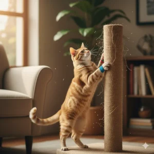 An illustration showing a cat choosing to scratch its scratching post instead of furniture, thanks to the claw coverings.