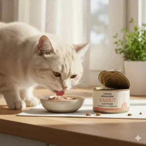 Feline with a sensitive stomach enjoying a limited-ingredient diet of wet rabbit cat food.