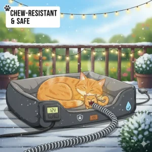 A durable, chew-resistant cord on an outdoor heating pad for cats, highlighting a key safety feature to prevent damage from pets.